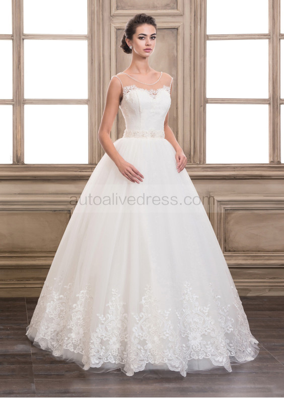 Illusion Neck Ivory Lace Tulle Corset Back Wedding Dress 